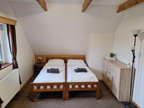 a bedroom with two beds in a attic at Roubenka Háj in Jindřichovice