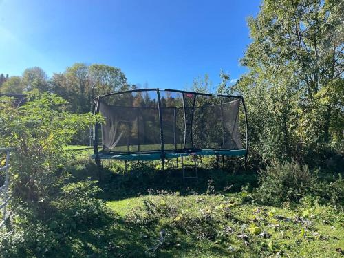an empty trampoline in the middle of a field at Cloud Garden Maisonette in Spiez