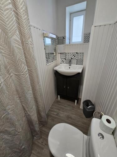 a bathroom with a white toilet and a sink at La famille 1 in Angoulême