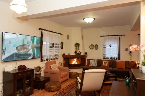 a living room with a couch and a fire place at Ersis Retreat in Kalyvia