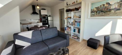 a living room with a couch and a book shelf at Des faudours in Plérin