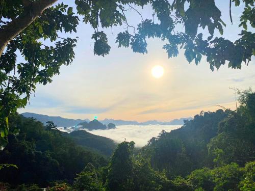 a view of a misty valley with the sun in the sky at Flora Hostel KhaoSok in Khao Sok