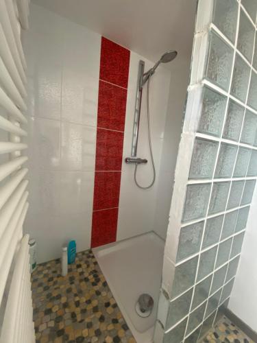Bilik mandi di Chambre safari individuelle avec partie commune A 6min de l A26 et 15 min de stOmer, lumbres et aire sur la lys