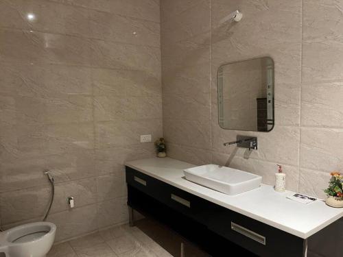 a bathroom with a sink and a toilet and a mirror at VacationBuddy Sukhami Villa, Amritsar in Amritsar