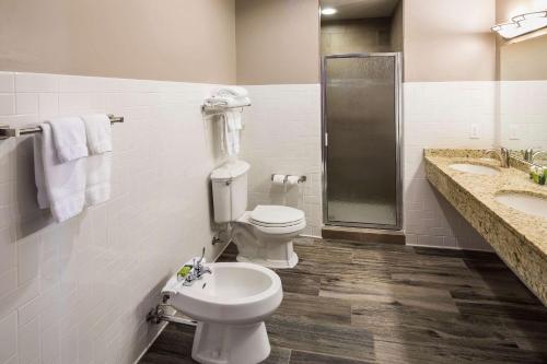a bathroom with a toilet and two sinks and a shower at Kress Inn, an Ascend Collection Hotel in De Pere