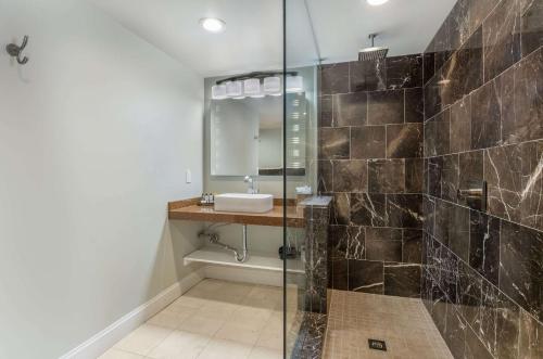 a bathroom with a sink and a glass shower at The Gin Hotel, an Ascend Collection Hotel in Lexington