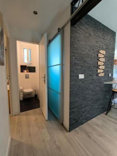 - un couloir avec une salle de bains dotée d'un mur en briques dans l'établissement Bel appartement-Foire expo-4 pers-Parking gratuit, à Billère