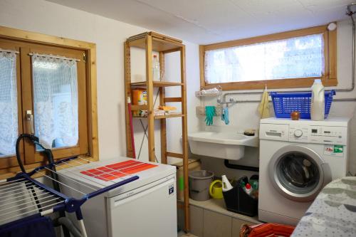 a small kitchen with a washing machine and a sink at Charmante maisonnette avec vue sur les montagnes in Chalais