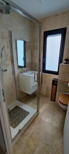 une salle de bain avec une douche, un lavabo et des toilettes dans l'établissement O Brésis d'Ales!, à Alès