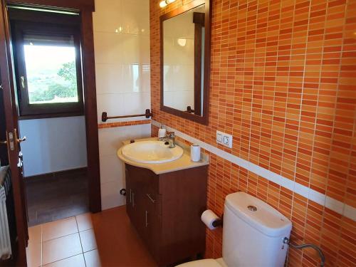 a bathroom with a toilet and a sink and a mirror at La Bergerie del Uncal VV-2915-AS in Arriondas