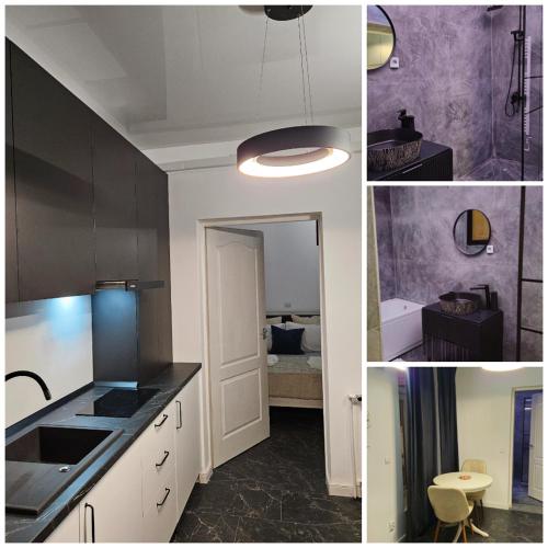 a collage of pictures of a kitchen with a sink at Studio Chic, Rezerva acum! Central, cafea, ceai, apa, parcare publica gratuita, baie cu cabina si cada in Craiova