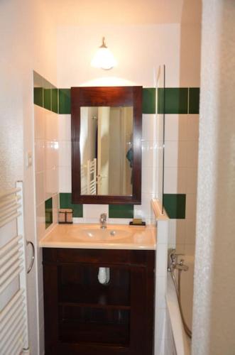 une salle de bain avec un lavabo et un miroir dans l'établissement appartement soustons plage, à Soustons