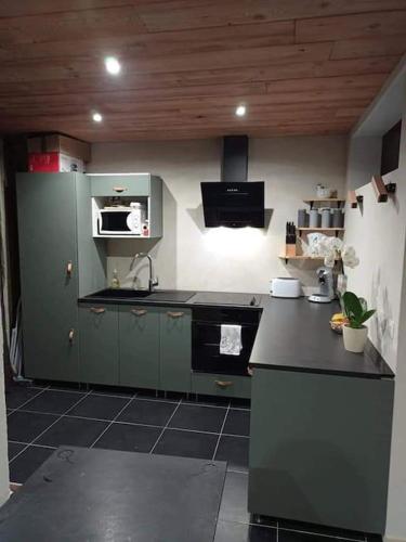 une cuisine avec des placards verts et un comptoir noir dans l'établissement Location saisonnière 4 couchages, à Villard-de-Lans