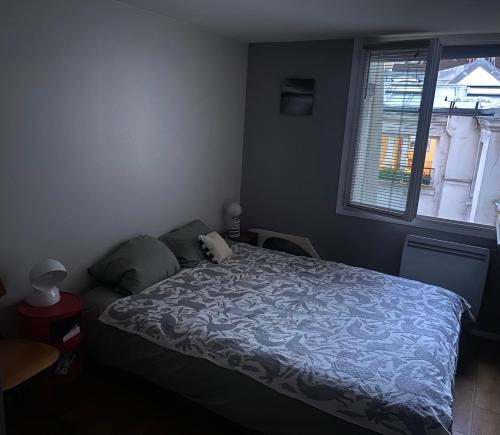 une chambre avec un lit avec une couette bleue et une fenêtre dans l'établissement ParisLouvreSamaritaineCharme, à Paris