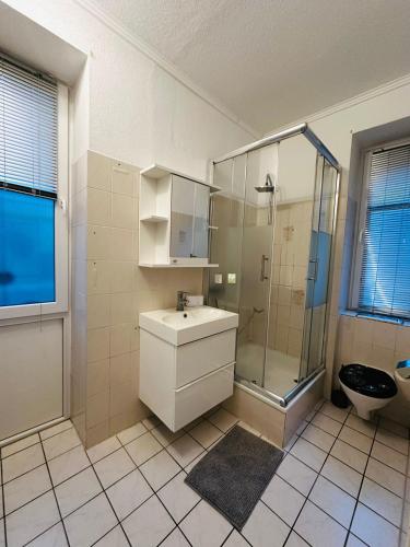 a bathroom with a shower and a sink and a toilet at Top Monteurwohnung Stuhr-Brinkum mit perfekter Anbindung in Stuhr
