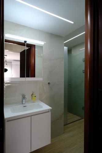 a bathroom with a sink and a mirror and a shower at Blue House 1 in Drama
