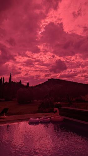 un ciel rose avec des cygnes dans un corps d'eau dans l'établissement Le domaine du Moulin de Cors, à La Roque-sur-Cèze