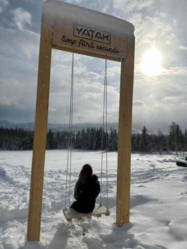 a woman sitting on a swing in the snow at YATAKU DOR in Neagra Şarului