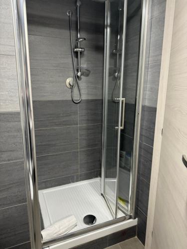 een douche met een glazen deur in een badkamer bij Al 304 a San Giovanni in Rome