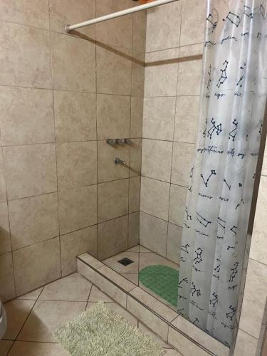 a shower with a shower curtain in a bathroom at Bungalow Sobre Ruedas Viento Potro in San Miguel del Monte