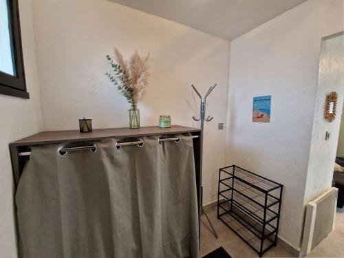 La salle de bains est pourvue d'un rideau de douche. dans l'établissement Appartement T1 avec Terrasse, Parking, Proche Plage et Commodités - FR-1-387-207, à Marseillan
