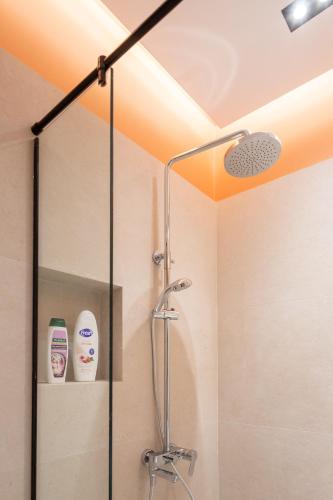 a shower with a glass door in a bathroom at Garden lake City Center New Bazar Tirana in Tirana