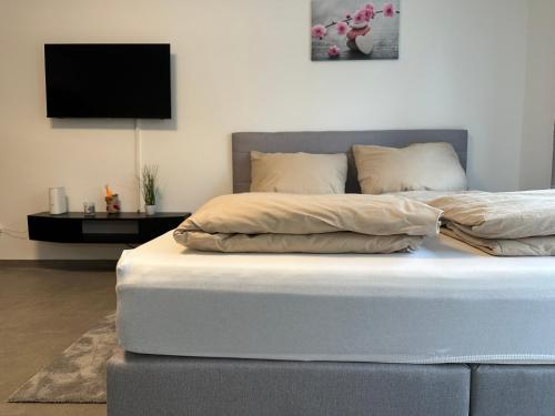 a bedroom with a bed with a flat screen tv at modernes Apartment in guter Lage in Ingolstadt