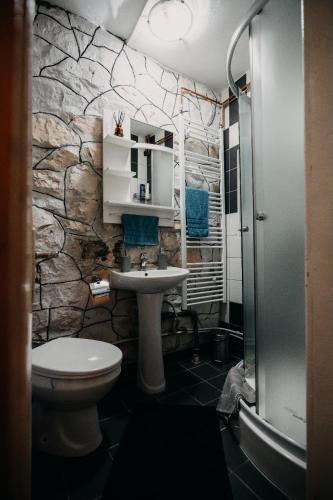 a bathroom with a sink and a stone wall at Lake House in Izvoru Mureşului