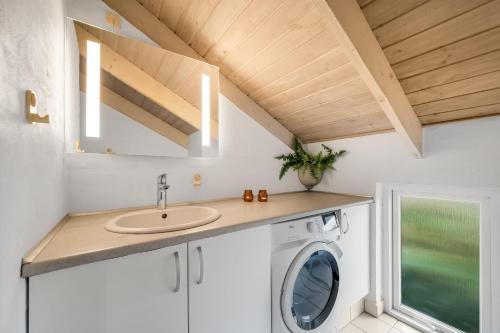 - une buanderie avec un évier et un lave-linge dans l'établissement Pool House With Spa And Sauna, 200 Meters From The North Sea, à Frøstrup