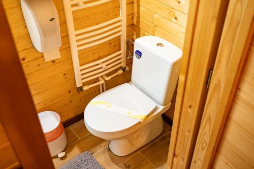 a bathroom with a toilet in a wooden room at Glamp In Style Pods Resort in Bran