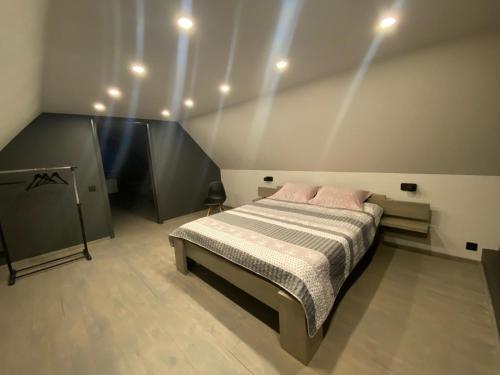 a bedroom with a bed with lights on the ceiling at Medumi EmiTai House in Medumi