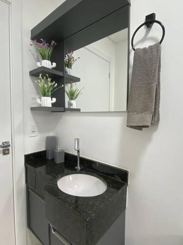 a bathroom with a sink and a mirror at Stúdio de 1 Quarto, Wifi 500mb, Condominio com Elevador, 1 Vaga de Garagem, Cozinha Completa - Indicado para Grupos, Hospedes a Trabalho, Família e Pets in Toledo