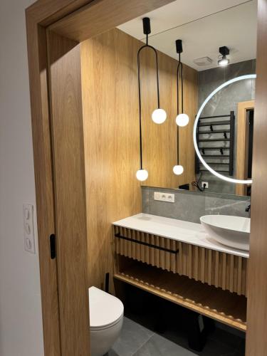 a bathroom with a toilet and a sink and a mirror at Baltic Waves Resort Luksusowy apartamnet z basenem i parkingiem in Międzyzdroje