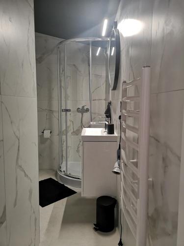 a white bathroom with a shower and a sink at Villa Basia in Międzyzdroje