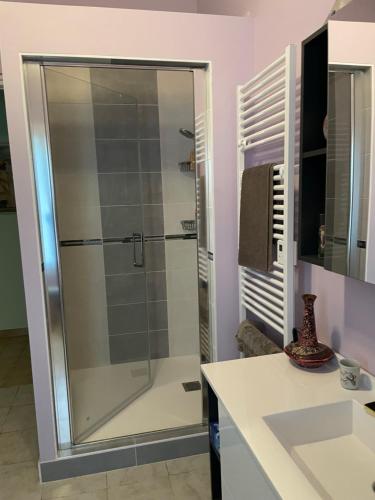 une douche en verre dans une salle de bain avec un lavabo dans l'établissement L Étoile du Sud, à Sète