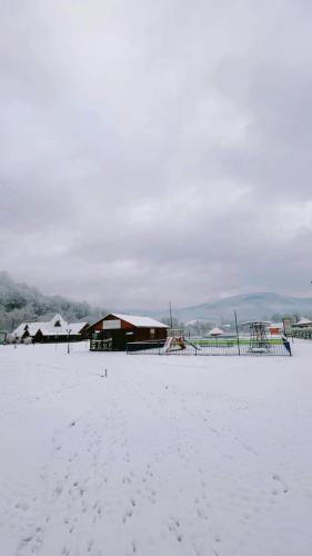 a field covered in snow with a building in the background at Moonglade Allure Houses in Polyana