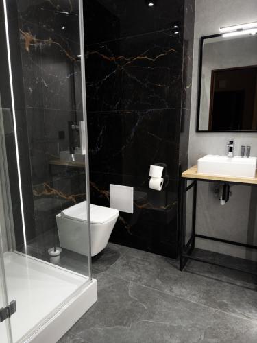 a bathroom with a toilet and a shower and a sink at Hotel Partner in Mińsk Mazowiecki