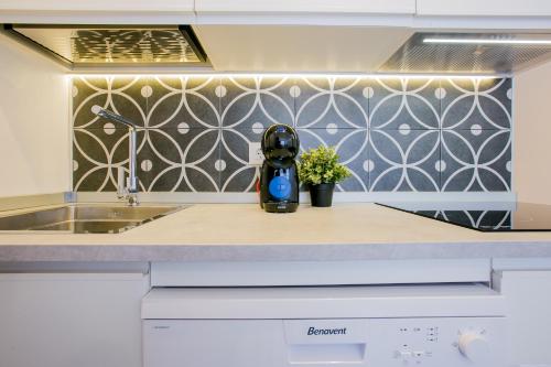 un robot sentado en un mostrador en una cocina en Olympia Apartament, en Csta Adje