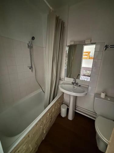 une salle de bain avec un lavabo, une douche et des toilettes dans l'établissement Beau studio 5 places à Club Engaly II, à Le Plan