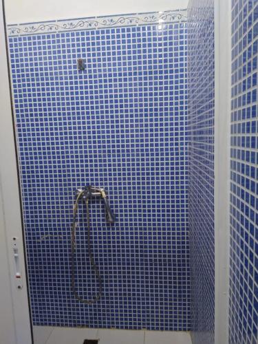 a blue tiled shower with a shower head in a bathroom at Dar hana in Asilah