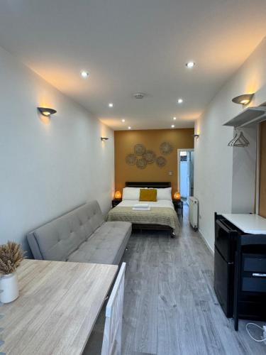 a living room with a couch and a bed in it at Flat in Camden Kings Cross in London