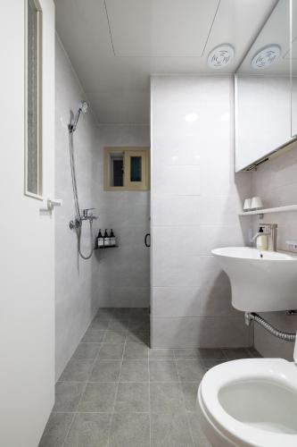 a bathroom with a toilet and a sink and a shower at Choi's Stay HongDae in Seoul
