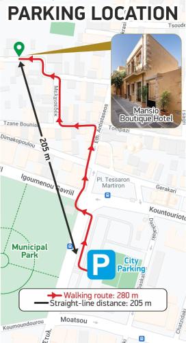 a map of the parking location of a parking lot at Mansio Boutique Hotel in Rethymno Town