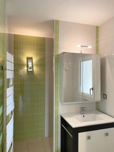 une salle de bain carrelée verte avec un lavabo et un miroir dans l'établissement Appartement T3 lumineux très bien équipé avec balcon, à Salies-de-Béarn