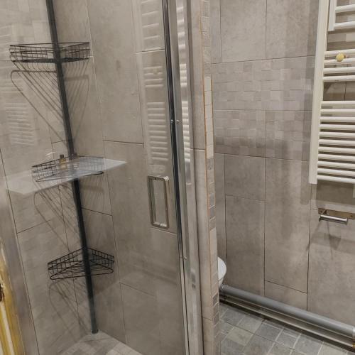 une douche avec une porte vitrée dans une salle de bain dans l'établissement Le bonheur Pantinois, à Pantin