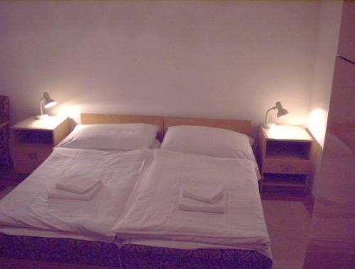 a bedroom with a bed with two nightstands and two lamps at Corvin Panzio in Győr