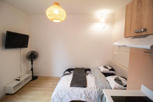 a small room with a bed and a television at Studios Saint Jacques, Châtellerault in Châtellerault