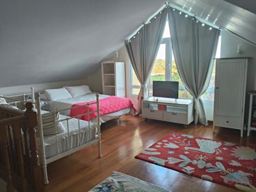 a bedroom with a bed and a desk with a television at El Rincón de las Marismas in Carasa
