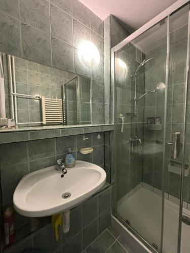 a bathroom with a sink and a shower at Apartament Helanka in Hel