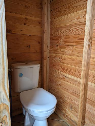 La salle de bains est pourvue de toilettes et d'un mur en bois. dans l'établissement Le dôme du Roc, à Belloc